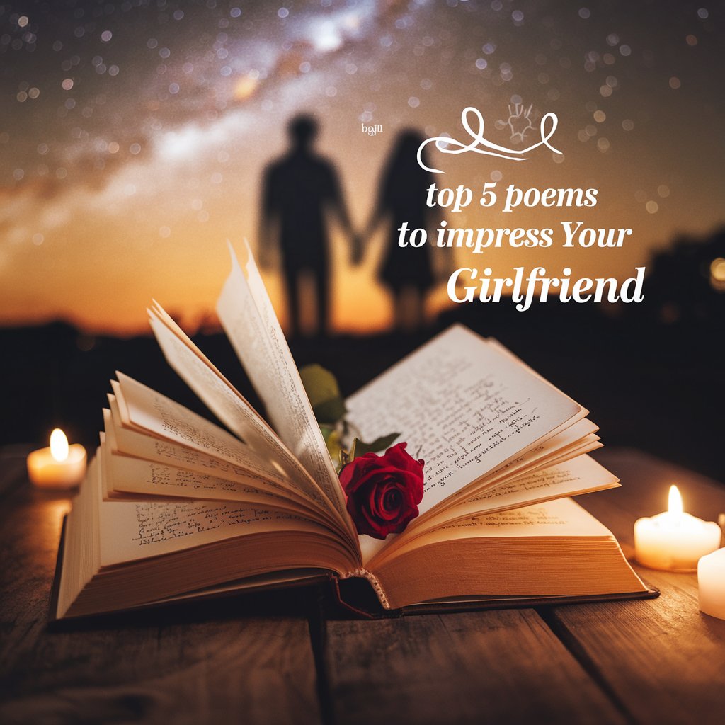Top 5 romantic poems to impress your girlfriend – an open poetry book with a red rose, soft candlelight, and a couple in the background under a starry sky.