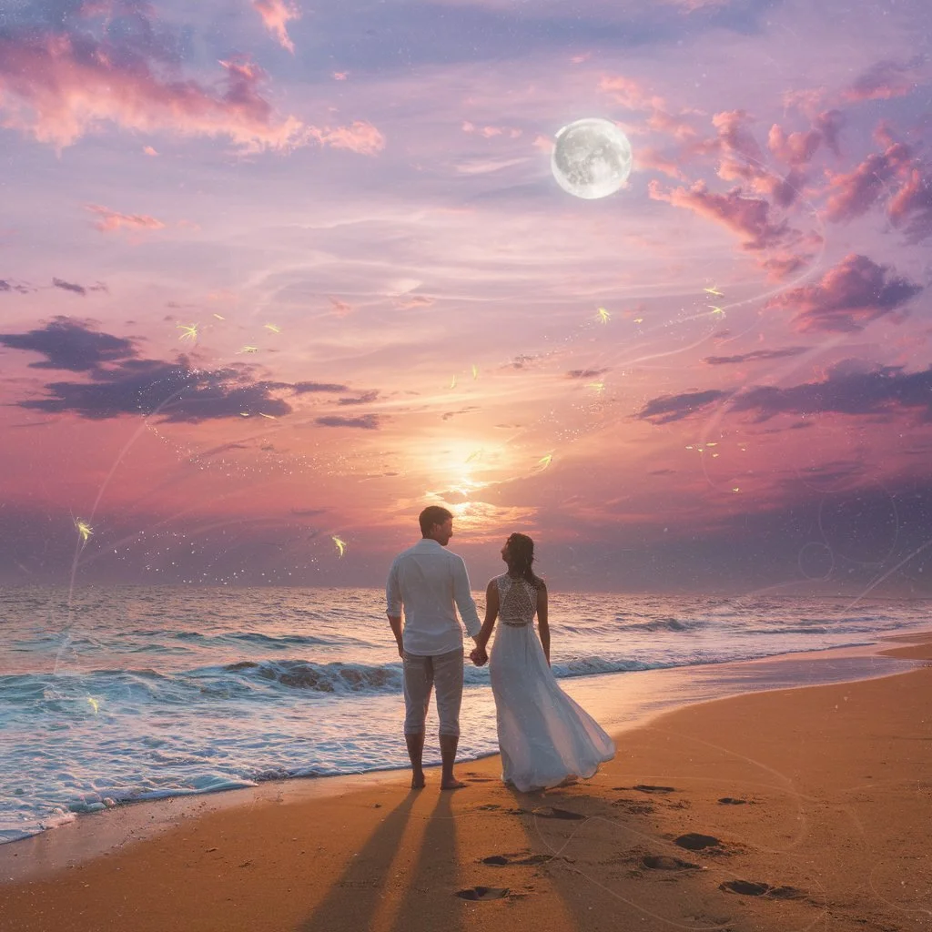 A romantic couple stands hand in hand on the shore under a twilight sky, bathed in the golden glow of the setting sun. Gentle waves kiss the beach as a soft breeze carries whispers of love, creating a dreamy and poetic atmosphere.