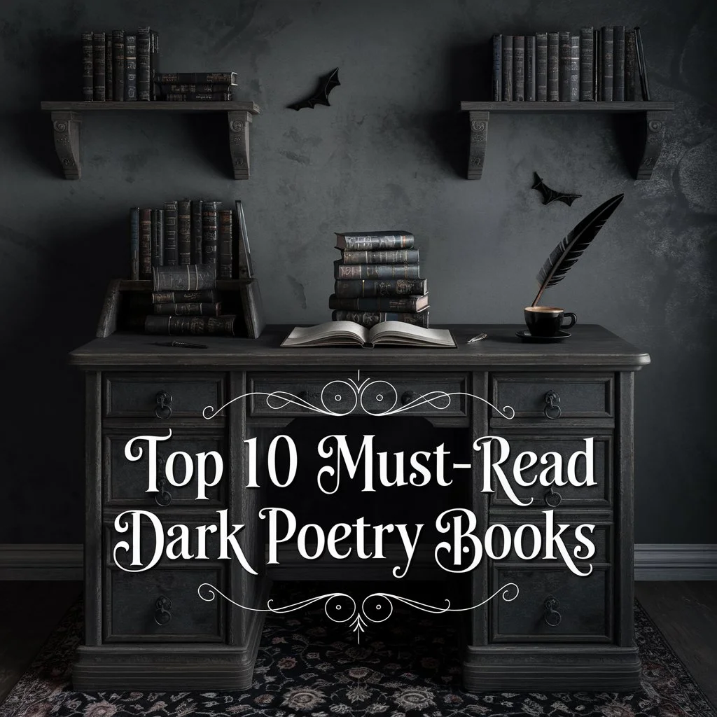 "Stack of dark poetry books on a vintage desk."