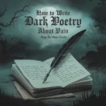 Quill pen on a weathered notebook with dark, misty background and the title 'How to Write Dark Poetry About Pain' in gothic font."