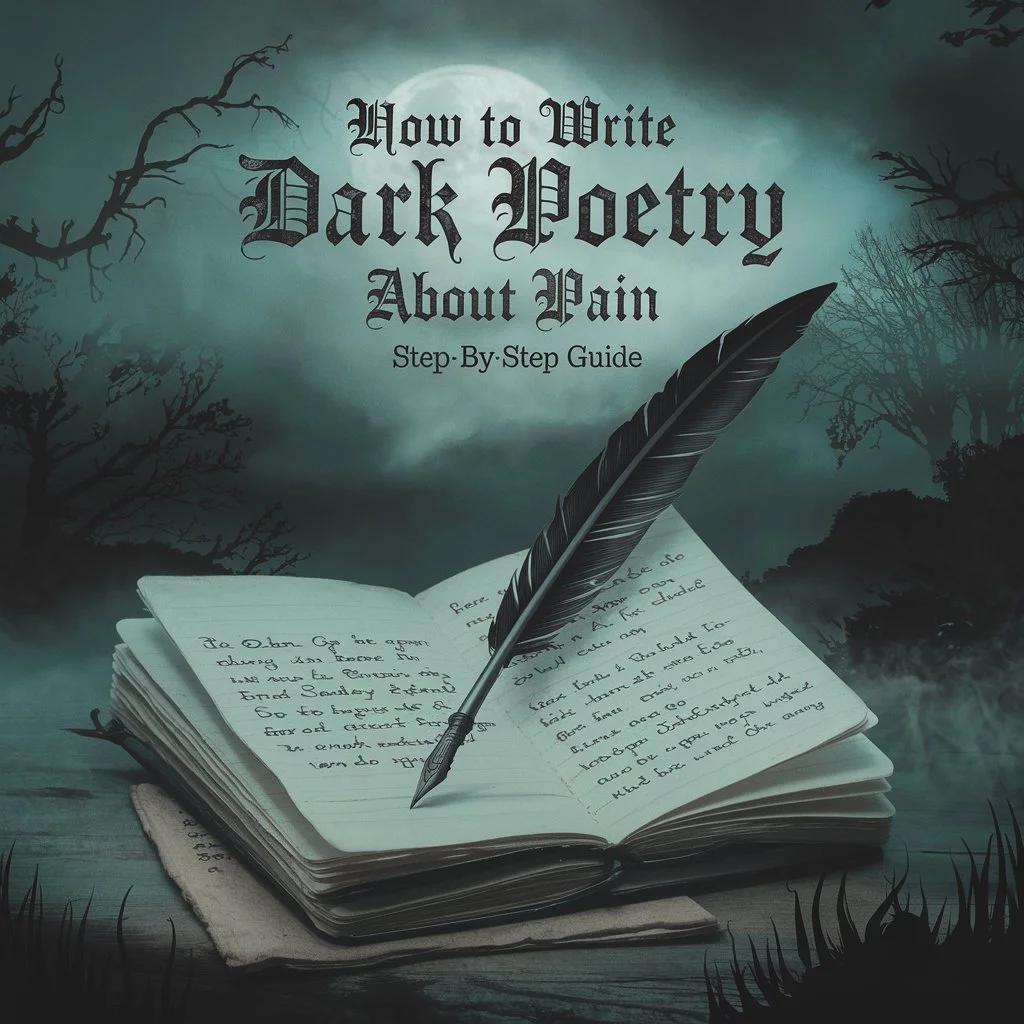 Quill pen on a weathered notebook with dark, misty background and the title 'How to Write Dark Poetry About Pain' in gothic font."