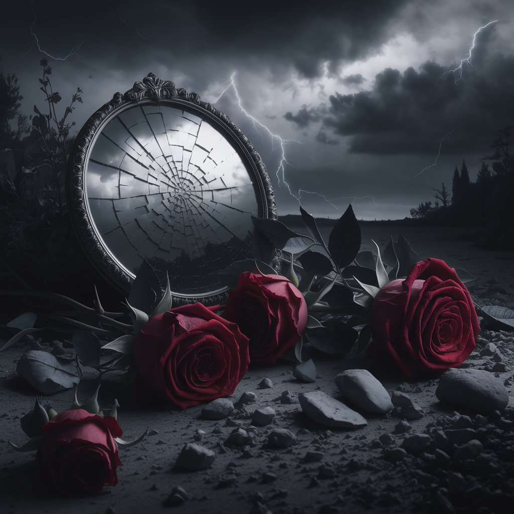"Wilted roses, a cracked mirror, and a stormy sky symbolizing grief, brokenness, and emotional turmoil."