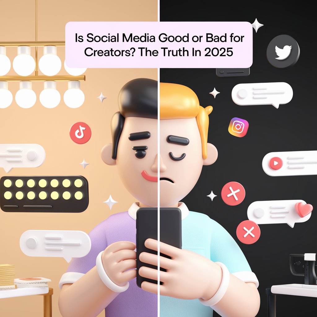 Create a modern, clean featured image for a blog titled "Is social media good or bad for creators? The Truth in 2025". The image should show a split-screen visual: One side bright and uplifting (a happy young creator filming content with lights, likes, and positive comments). The other side darker and stressful (a tired creator staring at a phone, surrounded by negative comments, red notifications, and burnout symbols). Add subtle icons of TikTok, Instagram, YouTube, and X (Twitter) in the background. The style should be flat design or soft 3D, with modern, minimal colors. Text overlay: "Is Social Media Good or Bad for Creators?" Font: clean, readable, bold (like Montserrat or Poppins). Size: 1200x630 px (optimized for blog and social media sharing).
