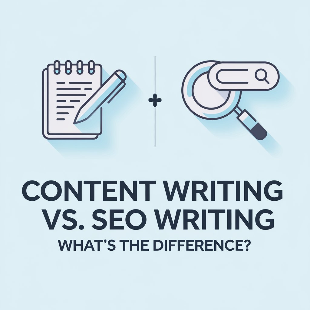 professional blog feature image for an article titled ‘Content Writing vs. SEO Writing – What’s the Difference?’.